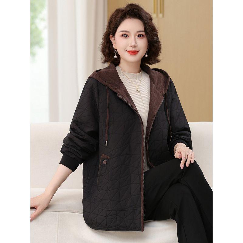 Autumn Style Quilted Thin Cotton Jacket, Spring and Autumn Hooded Loose Short Baseball Jacket, Casual Outerwear for Middle-Aged and Elderly Mothers