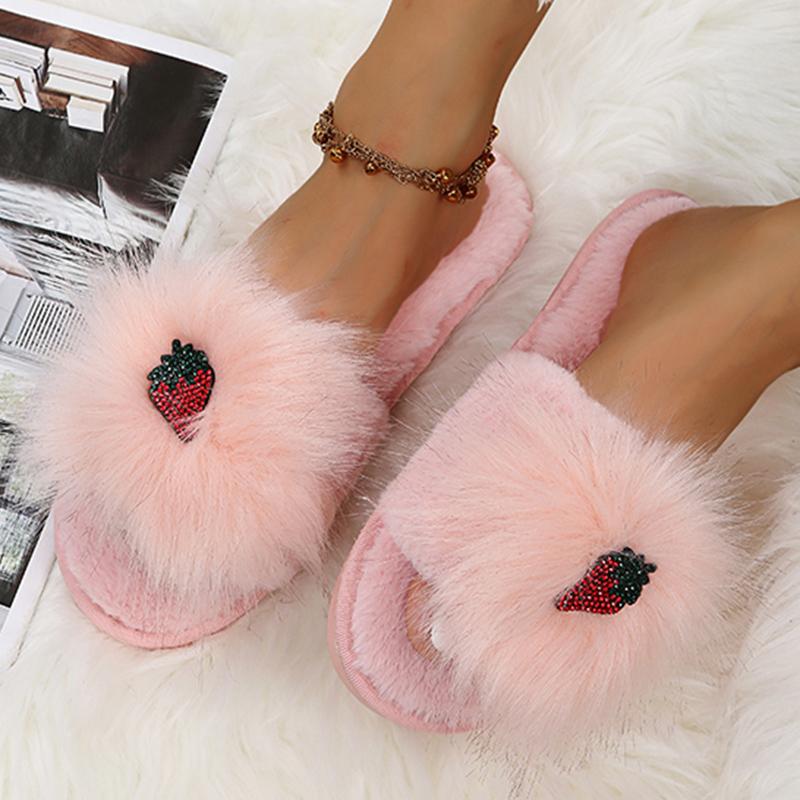 Fashion Cute Cartoon Animal Fur Slippers Women Open Toe Lightweight Plush Slippers Woman Winter Indoor Faux Fur Cotton Slides Ladies