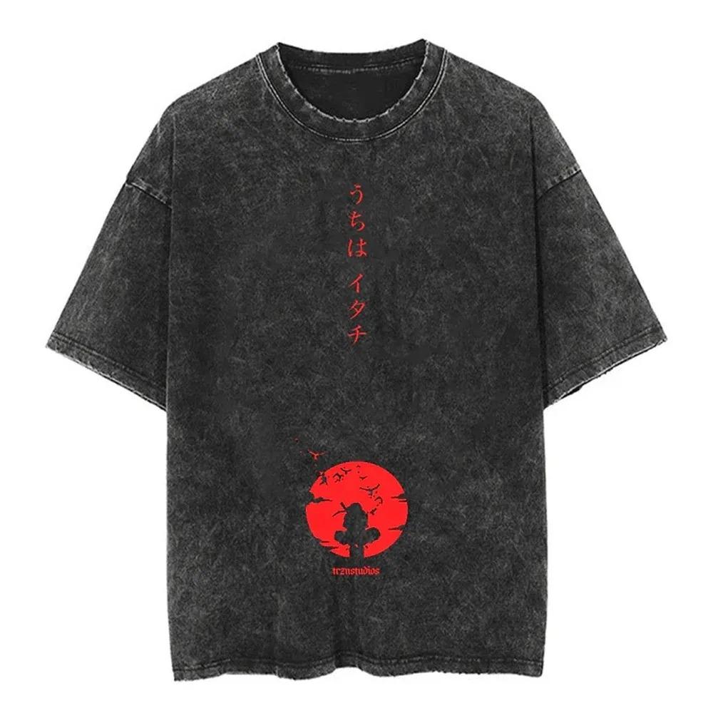 Hip Hop Streetwear Washed T Shirt Japanese Anime Naruto Print T-Shirt Vintage Top Harajuku Cotton Men Summer Short Sleeve Tshirt