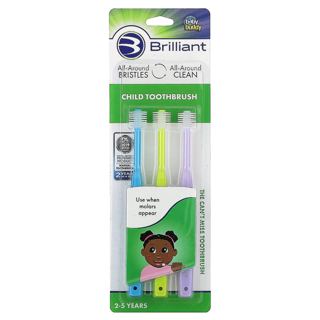 Brilliant, Children's Toothbrush, Ages 2-5, Blue, Yellow, Purple, 3 Toothbrushes