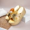 Fashion Gold Cross Band Wedges Sandals for Women Large Pearl Patent Leather Chunky Platform Slippers Thick Sole Non Slip Party Shoes