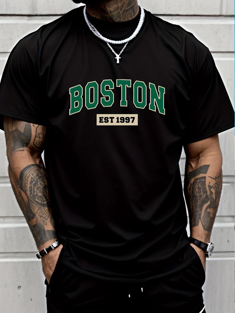 Letter Print Men's Creative Top, Casual Short Sleeve Crew Neck Thin T-shirt for Summer and Spring, Men's Clothing