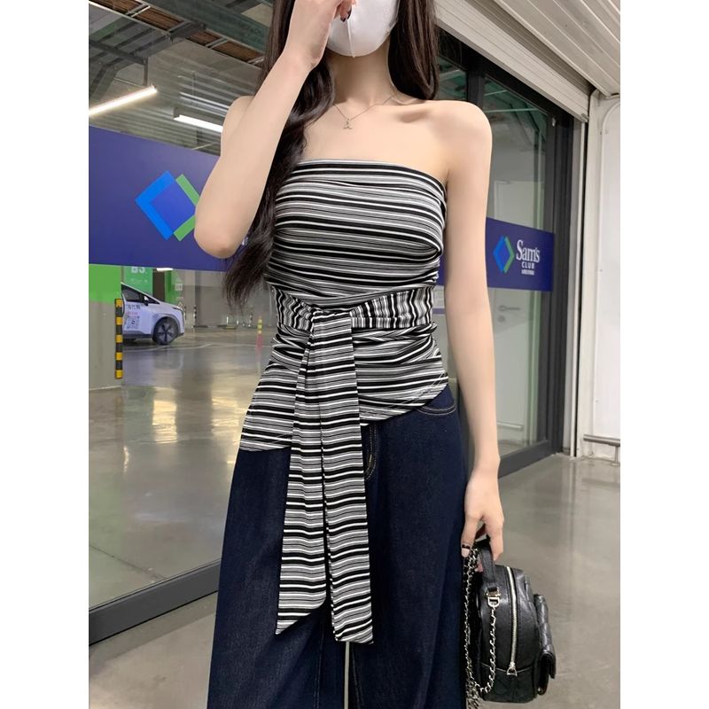 Kumikumi Gyaru Style Retro Stripe Tube Top Vest Women Clothes Summer Design Sense Strap Waist Hugging Sleeveless Top