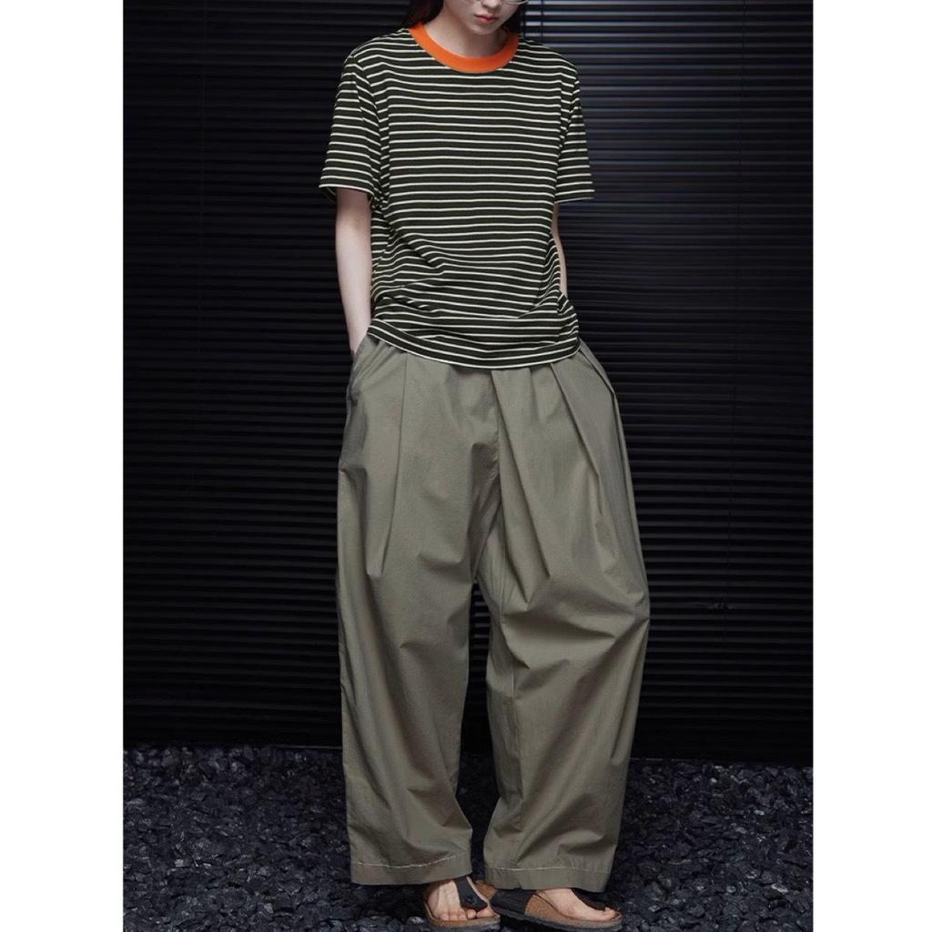 2024 Summer Women's Retro Dark Green Striped Short-Sleeve T-Shirt, Round Neck, Versatile, Thin