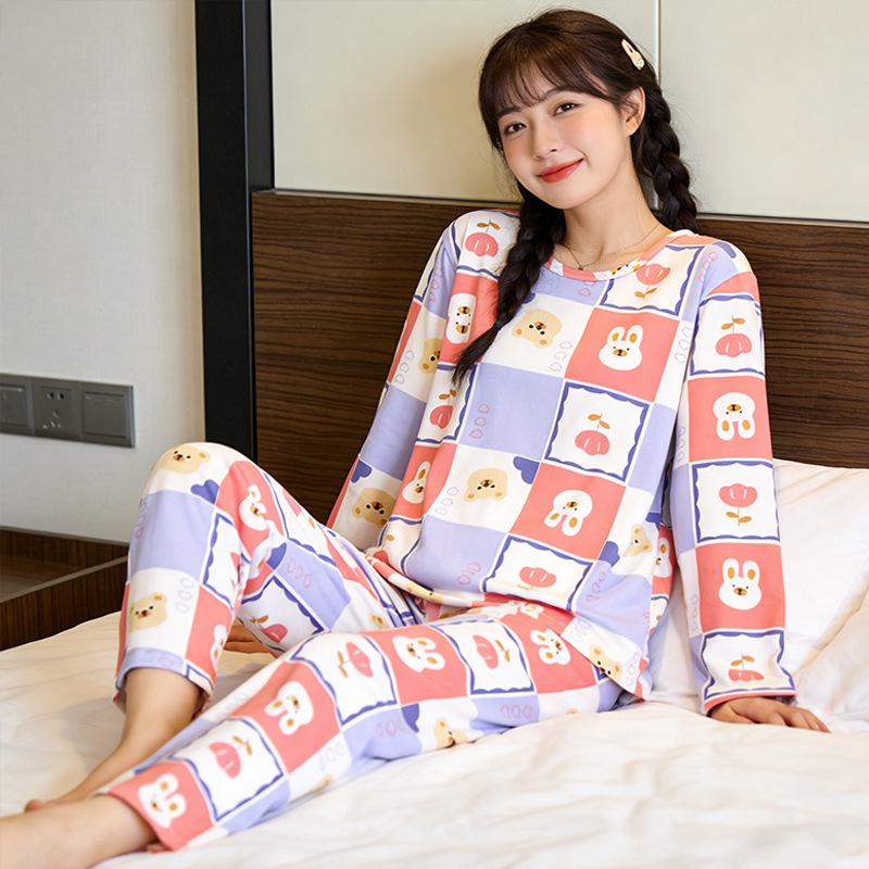 Sweet plaid rabbit bear pajamas women's spring and autumn cute cartoon loose round neck women's loungewear long suit