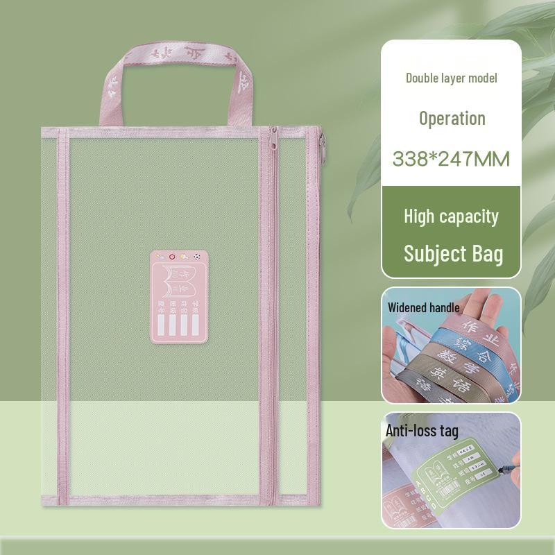 Double Layer Student Homework Bag: Large Capacity A4 Mesh Document Organizer with Dual Zippers