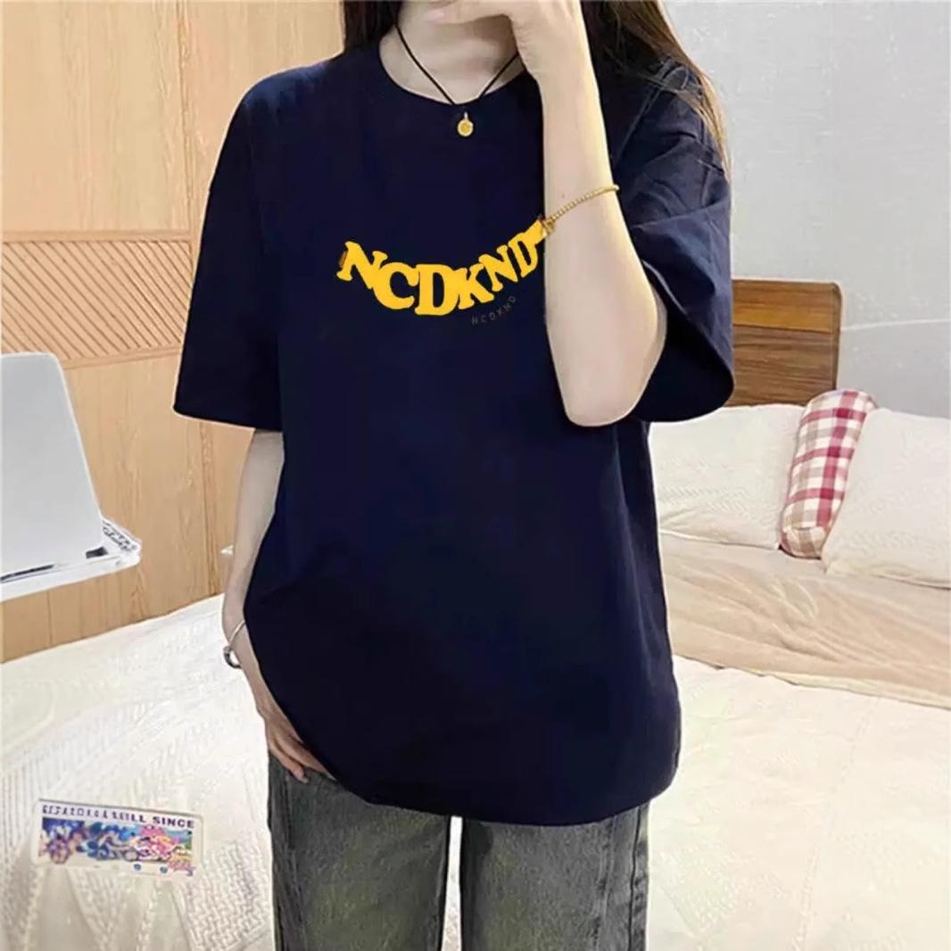 

2025 Women s Navy Blue Heavyweight Cotton Short-Sleeve Loose American T-Shirt L