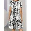 Women's Black & White Retro Geometric Circle Print A-Line Dress - Short Sleeve Round Neck Casual Mini Skirt  Y2k Ladies Clothes