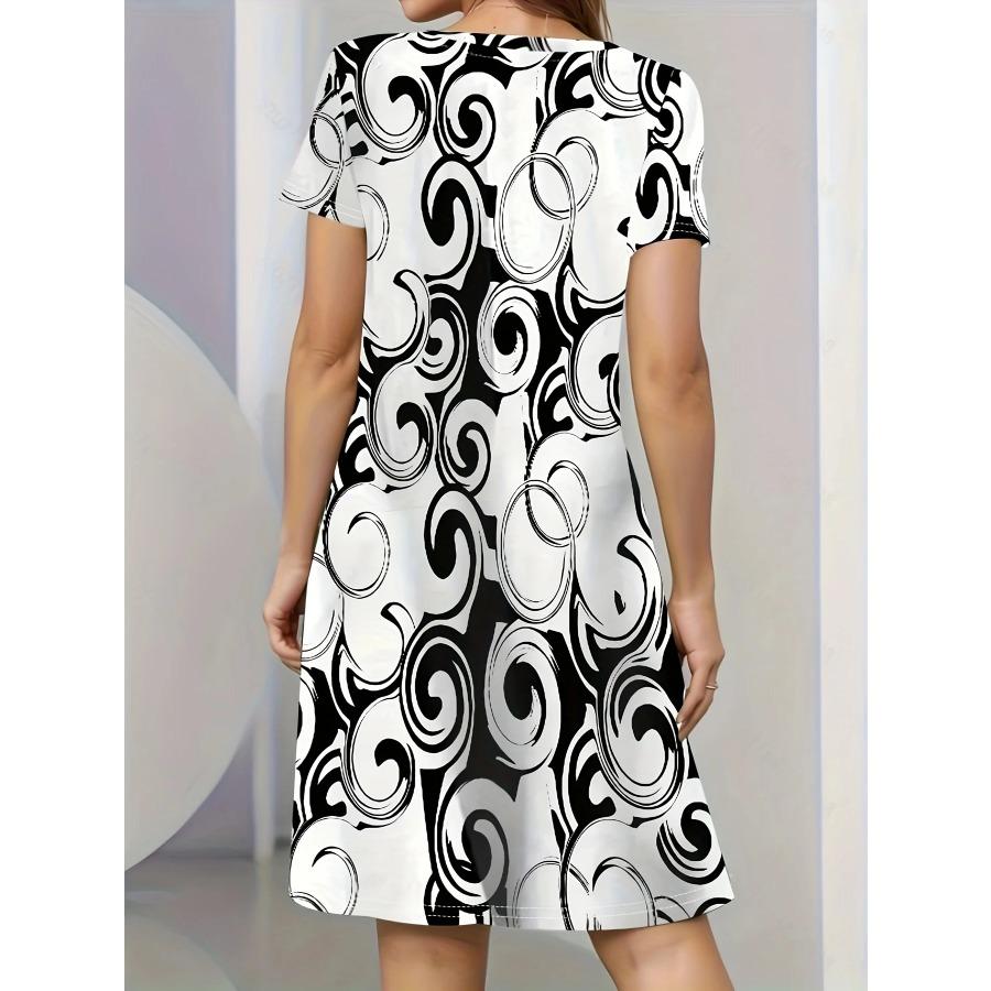 Women's Black & White Retro Geometric Circle Print A-Line Dress - Short Sleeve Round Neck Casual Mini Skirt  Y2k Ladies Clothes