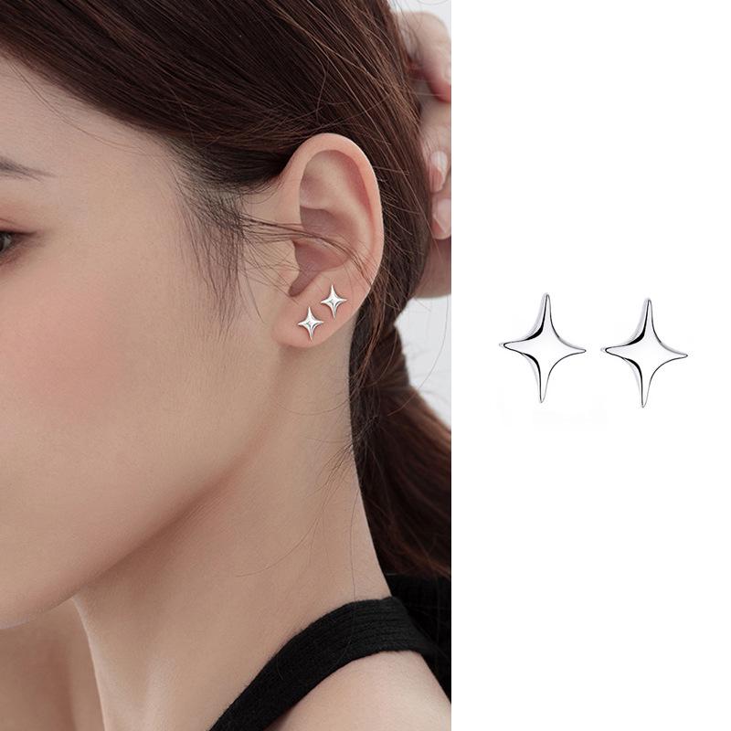 Asymmetrical Four-Pointed Star Stud Earrings for Women - 2026 Trendy Korean Cold Style