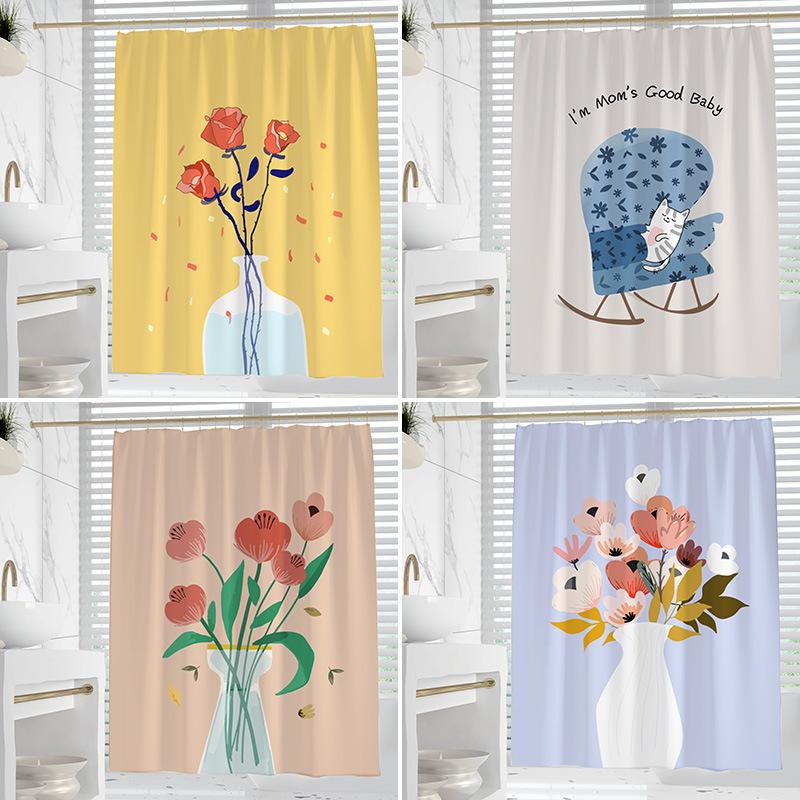 Chat Nordique Fleurs lavable Résistant à la saleté Rideau de douche Pommeau de douche étanche Polyester Rideau de bain Pour décoration intérieure