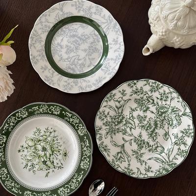 Vintage Relief Ceramic Plate Green Creative Flower Dining Plates Household Delicious Dishes Trays Exquisite Soup Bowls Tableware