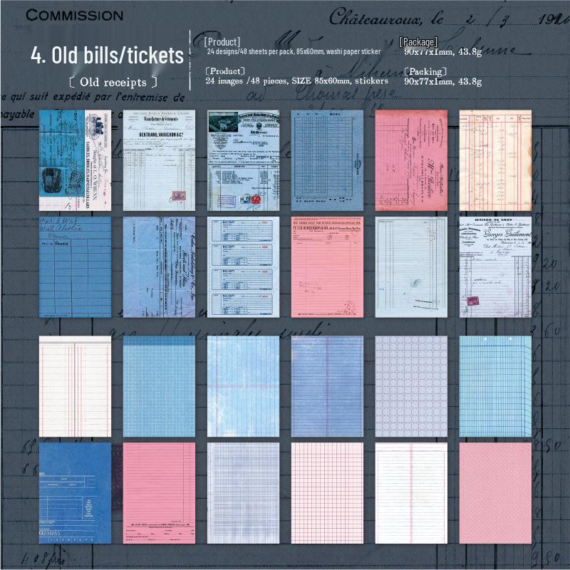 Yan Ji Retro Sticker Book - Old Bill Series: 48 Sheets for Collage & Journaling, 4 Styles Available