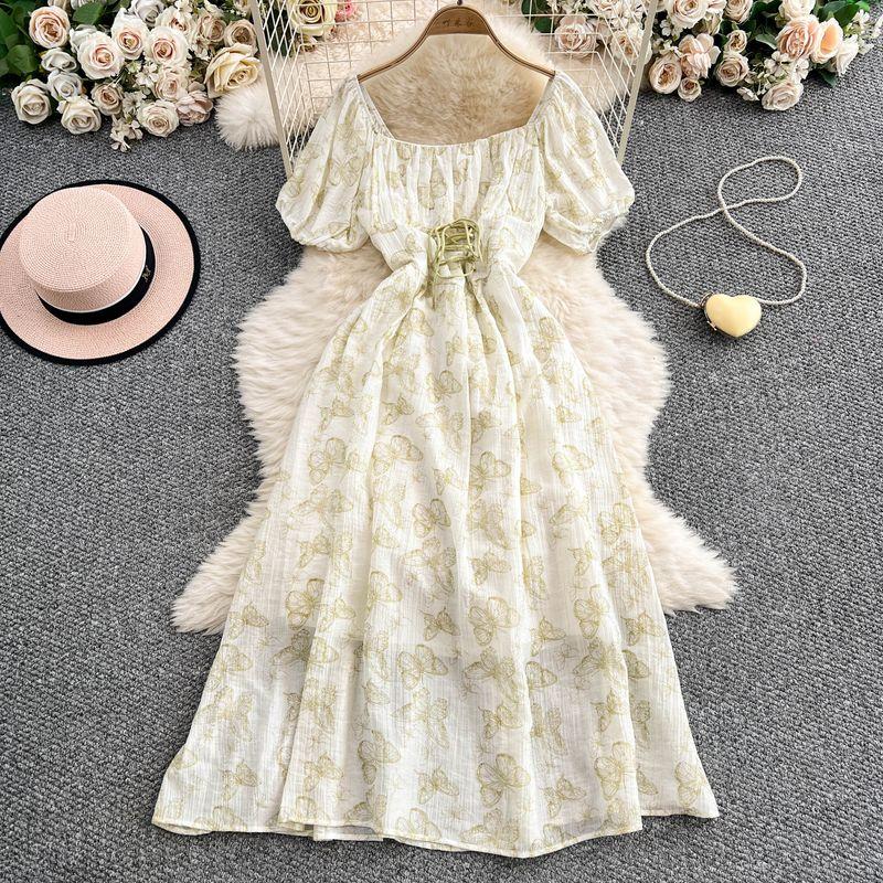 French style Retro Butterfly Print Square Collar Puff sleeve Dress Women Summer Lace-up Waist Hugging Slimming Big Hemline Long Dress