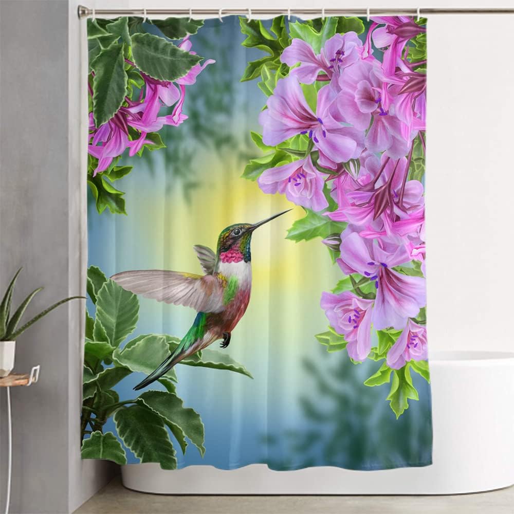 LOKMU Shower Curtain Hummingbirds and Flowers Waterproof Machine Washable Fabric Bathroom Decor Bath Curtains with Hooks 72 x 72 Inches