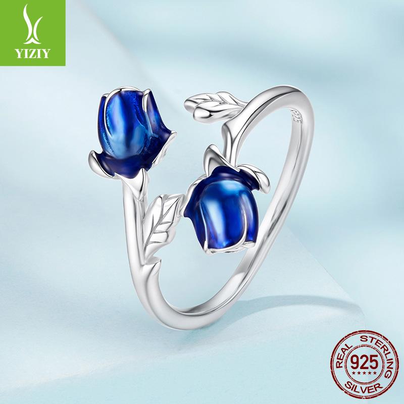 Drip Blue Enchantress Rose Opening Ring Romantic Valentine'S Day S925 Sterling Silver Ring
