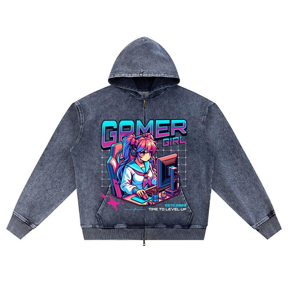 

DTG print Knitted Denim Zip-Up Hoodie Gamer Girl Brother Print Zipper Hoodies XL