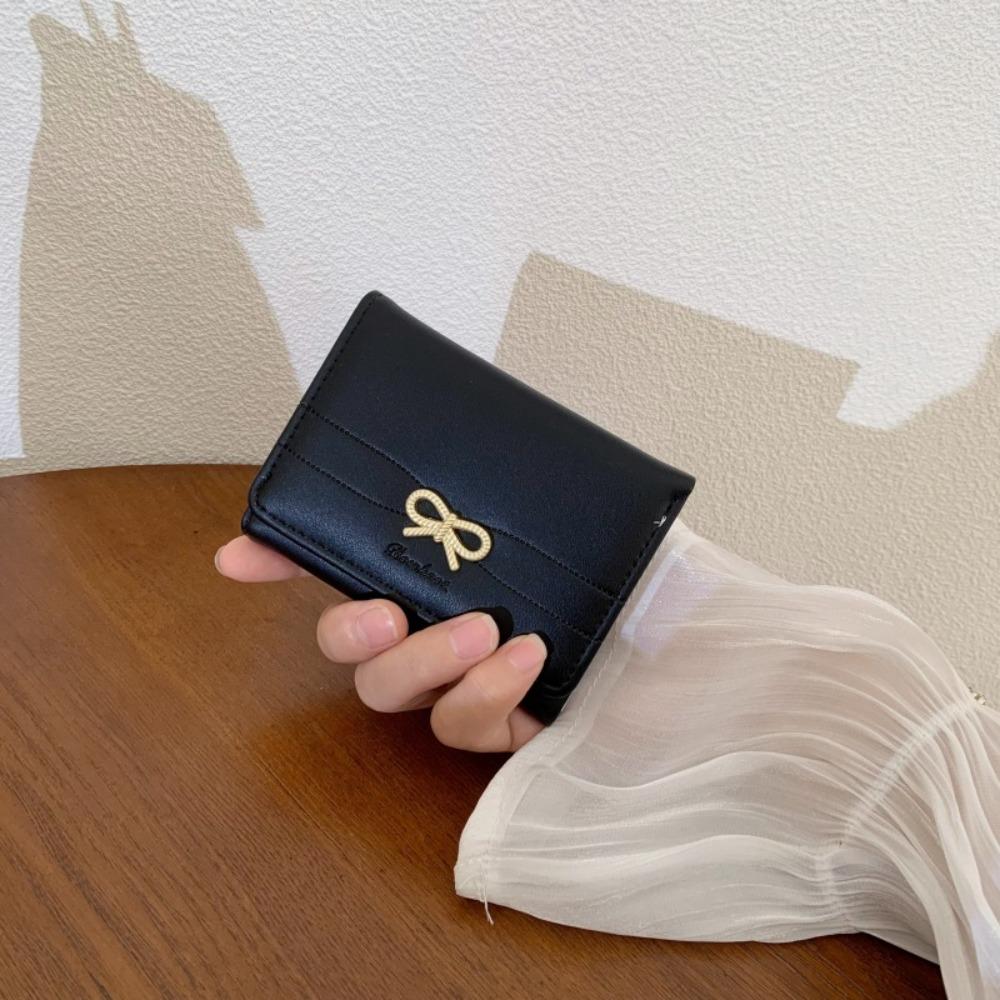Classic Cute Bow Tri-fold Short Wallet PU Multifunctional Small Wallet Multiple Card Positions Three Fold Purse Daily Use