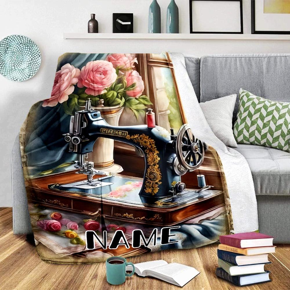 Vintage Sewing Machine Floral Home Customize Your Name Blankets Comfortable Soft Lightweight Allseason Multipurpose Blanket For Picnics Sofas Offices