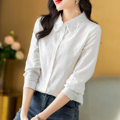 2023 Spring Women's Cotton Jacquard Shirt with Doll Collar and Long Sleeves