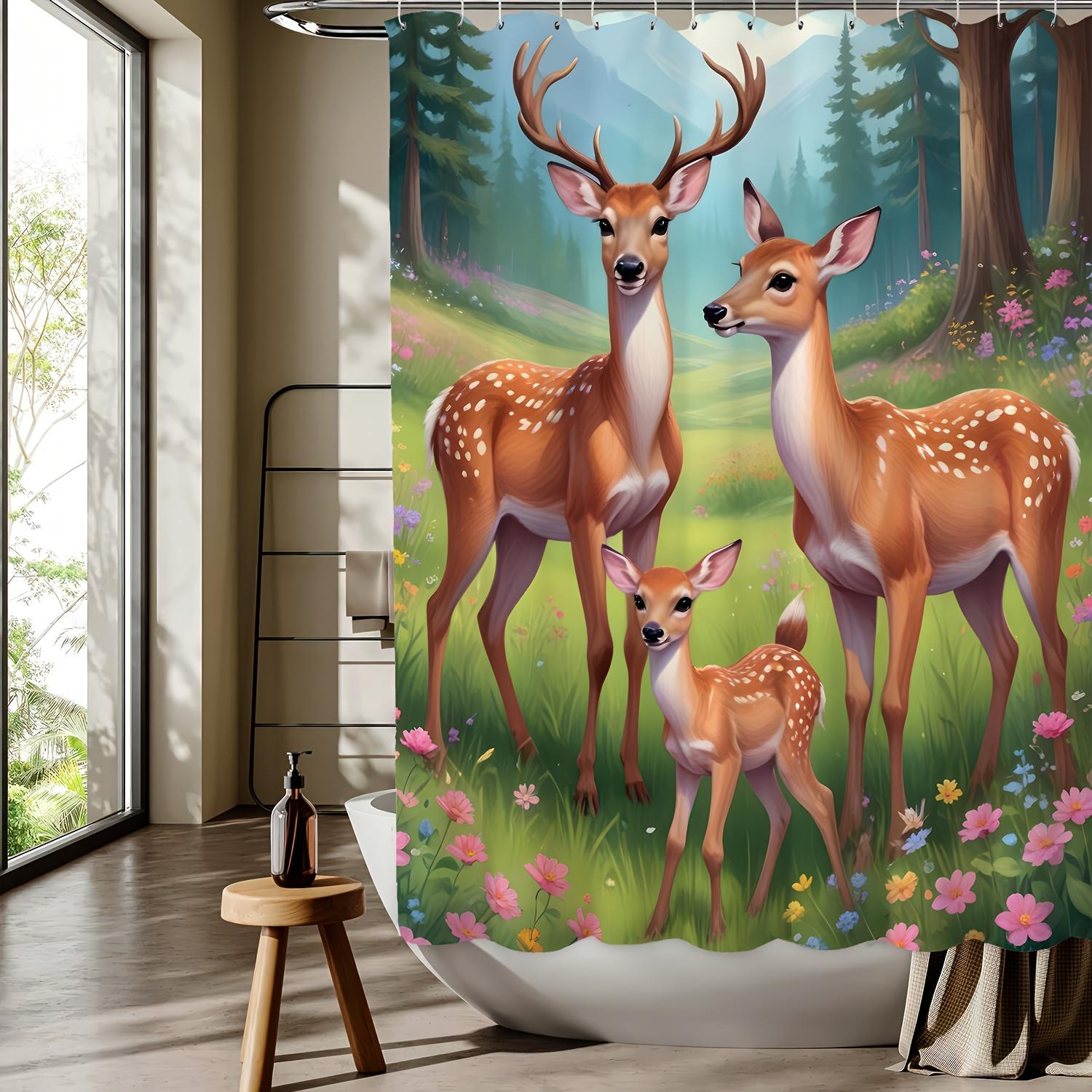 Forest Deer Digital Print Shower Curtain - Reversible Polyester,Machine Washable,All-Season Knit, Nature-Inspired Bathroom Decor W90xH180cm