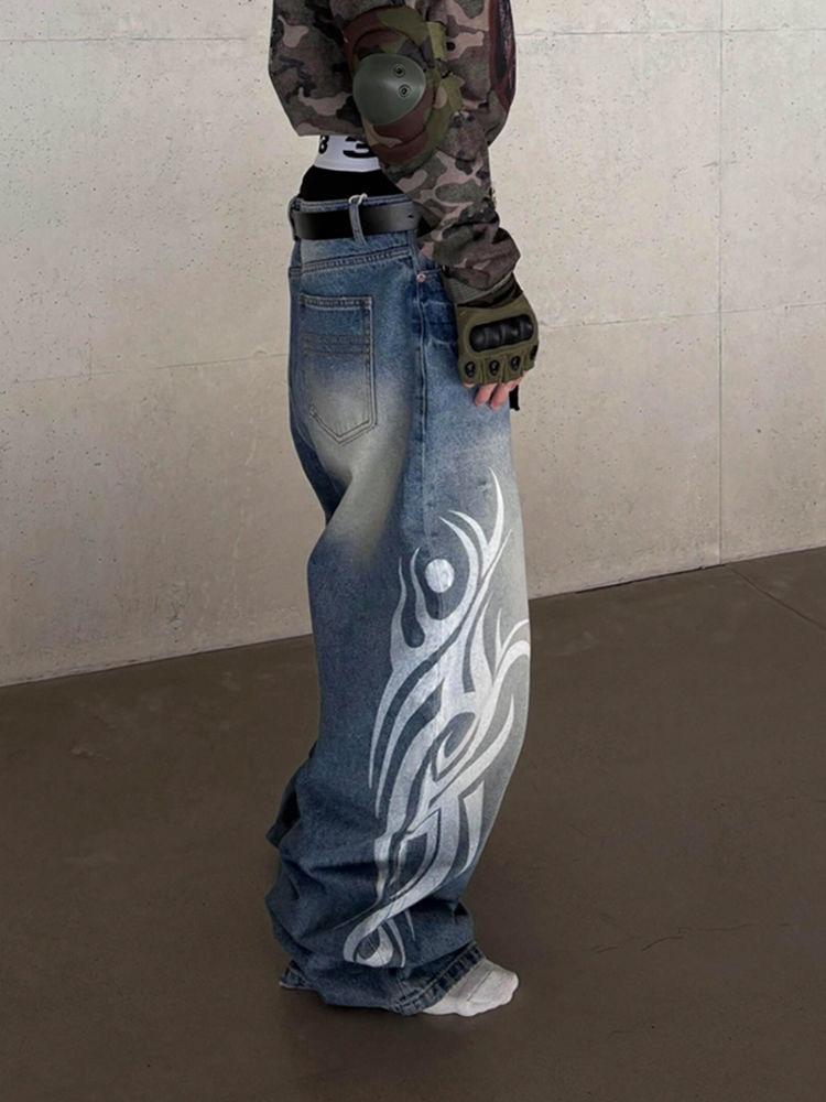 Y2K American Vintage Mottled Totem Print Baggy Jeans Women's High Waist Wide Leg Jeans Women's Harajuku Trendy Hip-hop Jeans
