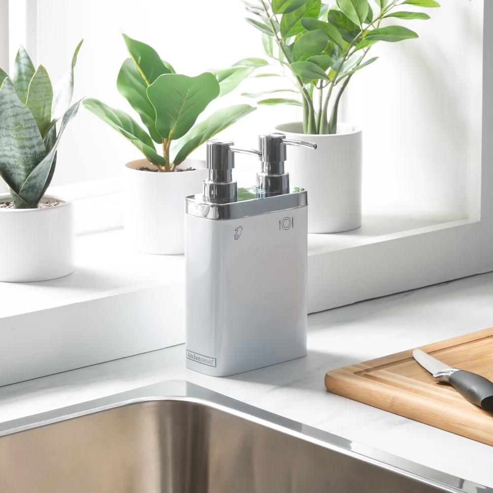 Dual Pump Soap Lotion Dispenser Countertop Organizer 2 Compartments Kitchen Bathroom Simplify Space Management Prevent Confusion