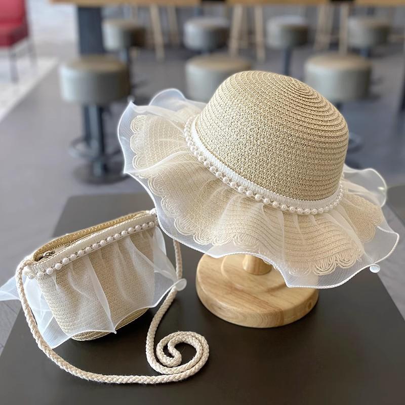 Summer Girl Princess 2pcs a Sets Sun Hat +bags Child Baby Casual Beach Butterfly Panama Caps for Holiday Party