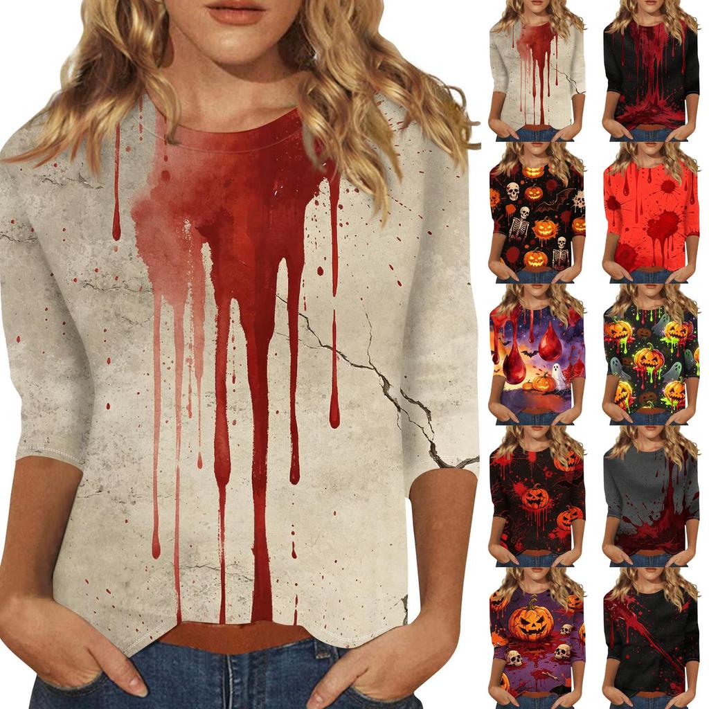 Women’s Casual Three Quarter Sleeve Crew Neck Top with Halloween Inspired Print and Relaxed Fit for Everyday Wear