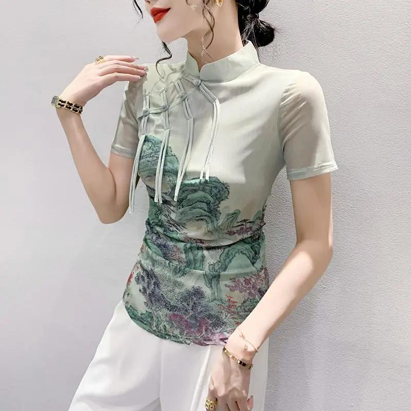 Women's Light Green Chinese Style Landscape Print Frog Button Sheer Mesh Short Sleeve Blouse