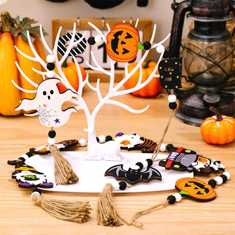 Halloween Decoration Prop Wooden Beads Pendant Gnome Pumpkin Bat Ghost Hanging Ornaments For Wall Home Party Supplies Gift