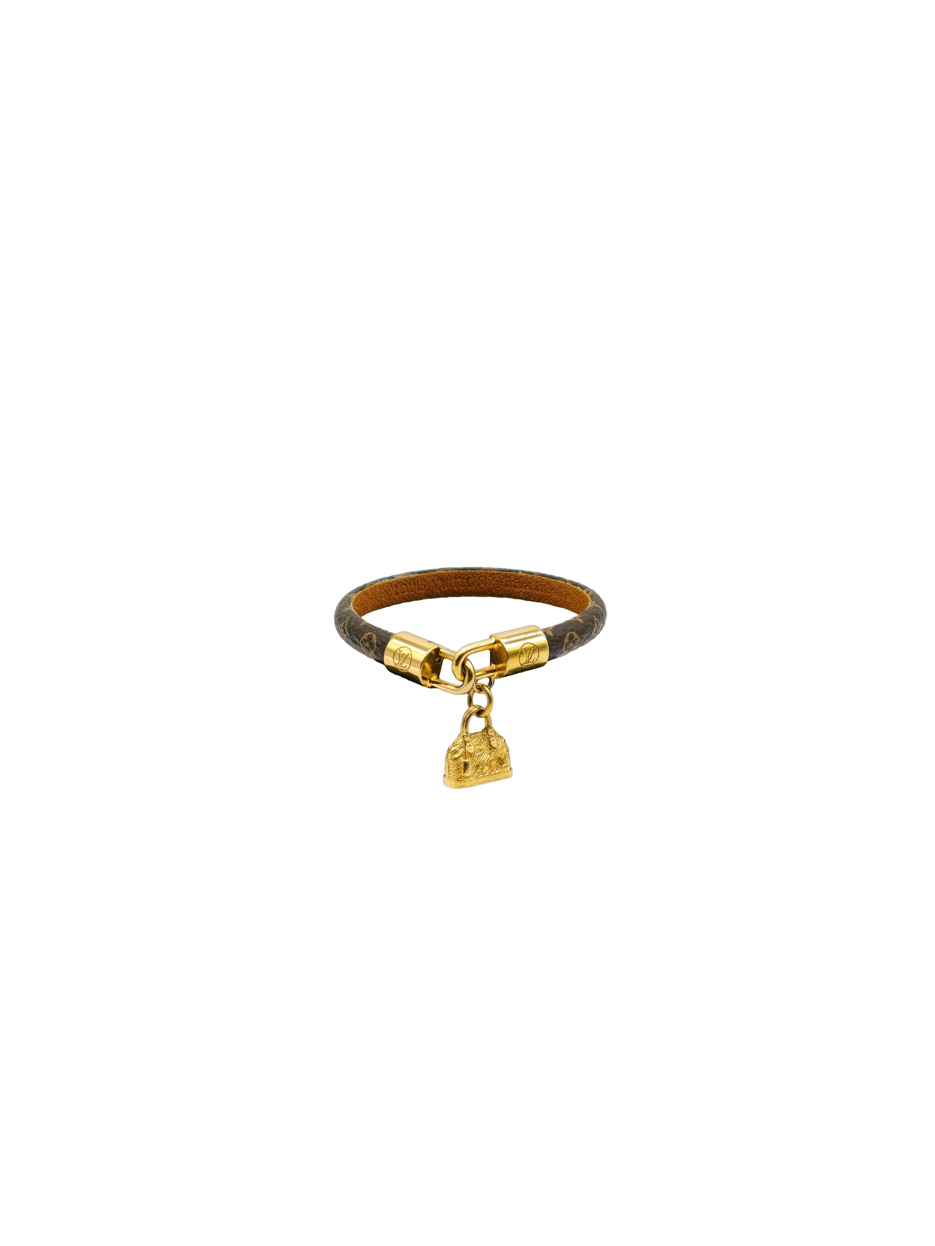 Louis Vuitton Monogram Canvas Speedy Charm Leather Bracelet Gold Tone Mini Handbag Pendant LV Logo Buckle Designer Luxury Unisex 15