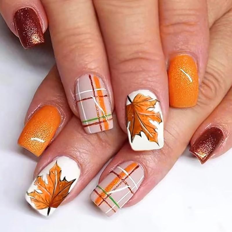 Fall Leaf Press on Nails Thanksgiving Pumpkin False Nails with Design Medium Square Artificial Stick on Nail Glossy Autumn Maple Leaves Acrylic Glue