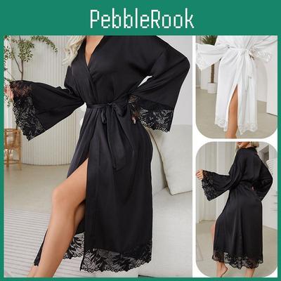 Womens Belt Satin Long Bathrobe Lace Light Luxury Sexy Nightgown Home Service