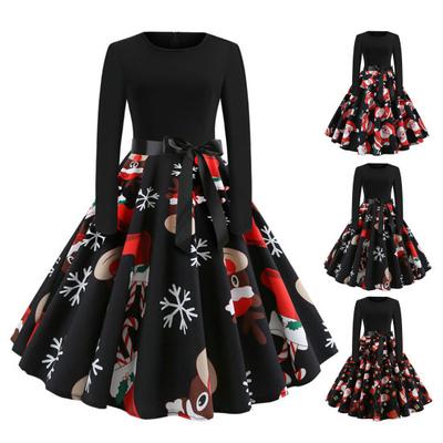 Christmas A-line Skirt Retro Goth Winter Christmas Party Dresses Women  Autumn Winter Long Sleeve Round Neck Vintage Santa Cosplay Costumes Xmas Dress