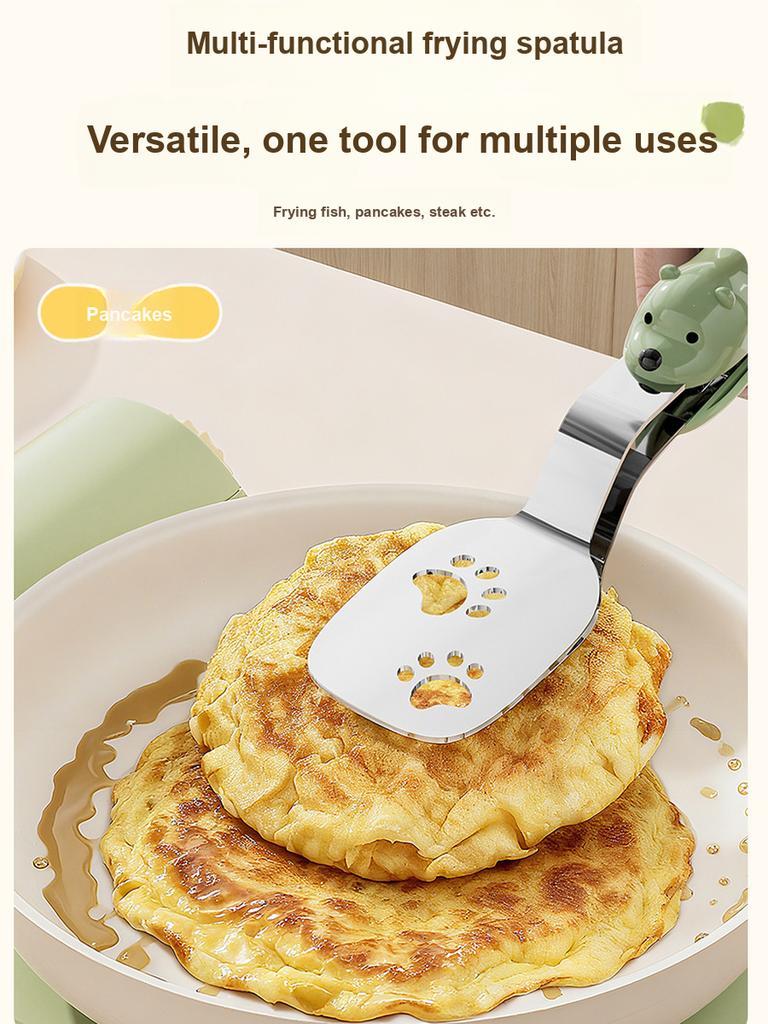 Small Bear Fried Fish Turner 2-in-1 Stainless Steel Food Clip Long Handle Anti-Slip Oil Draining Spatula Heat Resistant Clip