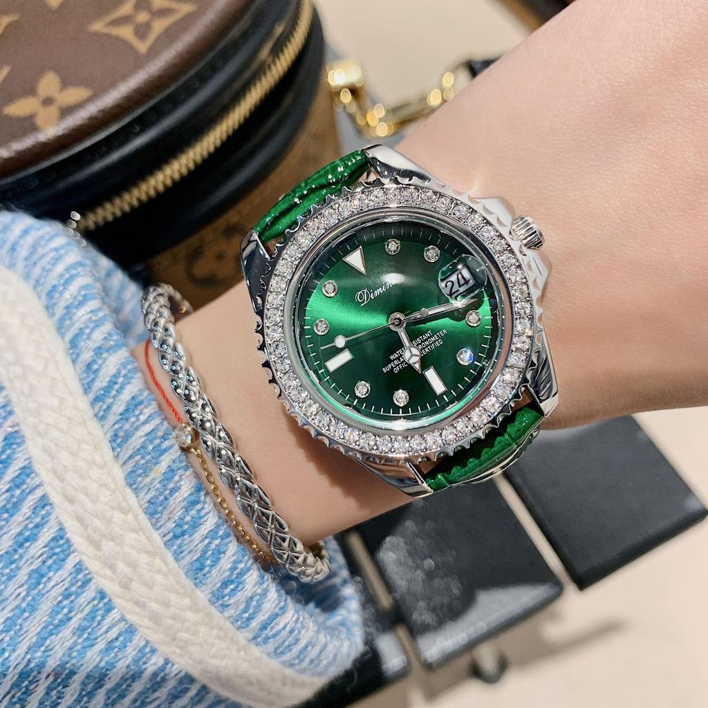 Women's New Green Leather Watch Strap Diamond Ladies Watch Trendy Small Green Watch Steel Strap