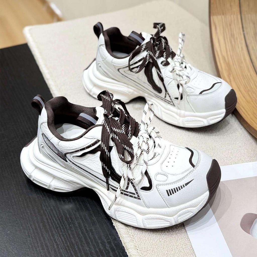 Thick-soled inner height increase Xiaobai 22 spring and autumn new dad shoes leather surface casual sports shoes