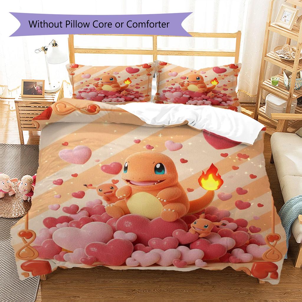 Liebe Pokemon Muster Bettwäsche Bettdecke Set Bettbezug Kissenbezug Heimdekoration Geburtstagsgeschenk (1 Bettbezug + 2 Kissenbezüge, ohne Füllung)