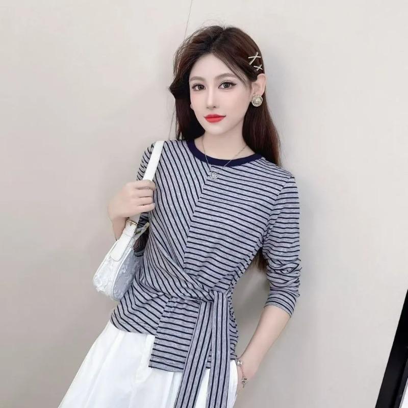 Autumn Korean Design Striped Lace-up Bow Contrast Color Long-sleeved T-shirt Is Versatile and Trendy