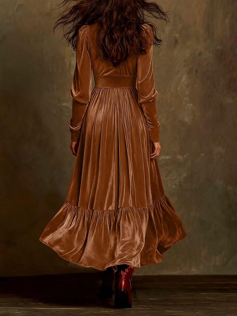Autumn/Winter 2025 European French Retro V-neck Velvet Ruffle Dress