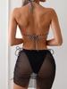 Color Block Braided Rope Mesh Quick Dry Sexy 3 Piece Bikini Set Elegant