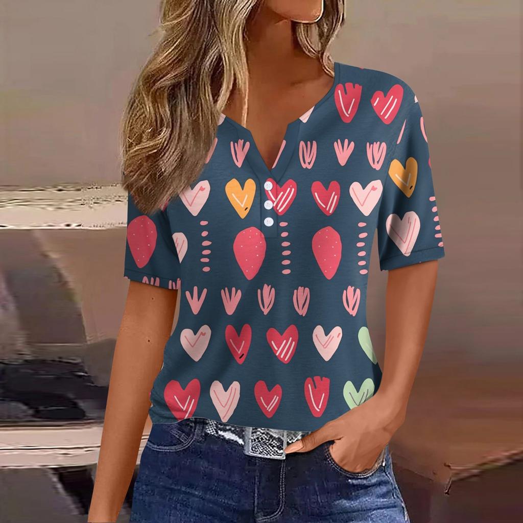 Women's T Shirt Tee Valentine's Day Print Button Short Sleeve Daily Weekend Fashion Basic V- Neck Regular Top