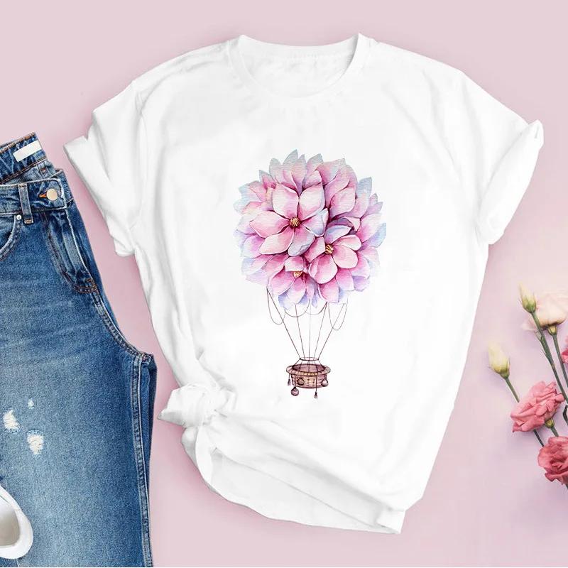 Womens White Love Balloon Butterfly Round Collar Print Tshirt Short Sleeve Graphic Dress Aesthetic Harajuku Style
