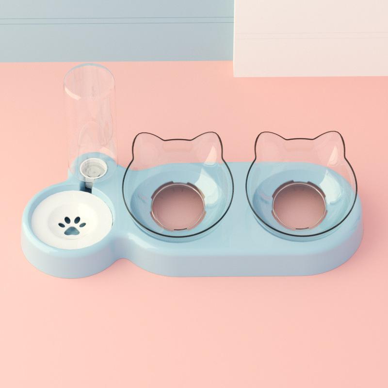 3 Piece Cat Bowl Set Double Food Water Feeder Non Spill Plastic Pet Bowls Grey Transparent Brown Blue Pink Pet Supplies KTY