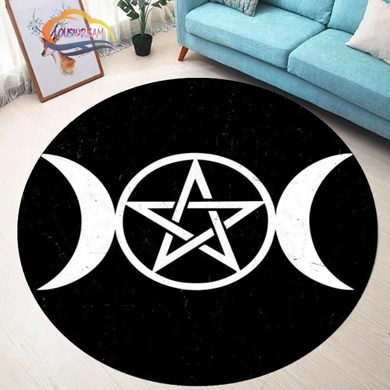 Pentagram Carpet Moon Satanic Round Rug Skull &  , Wicca  White  On Black  Goth Home Decor Chair Mats