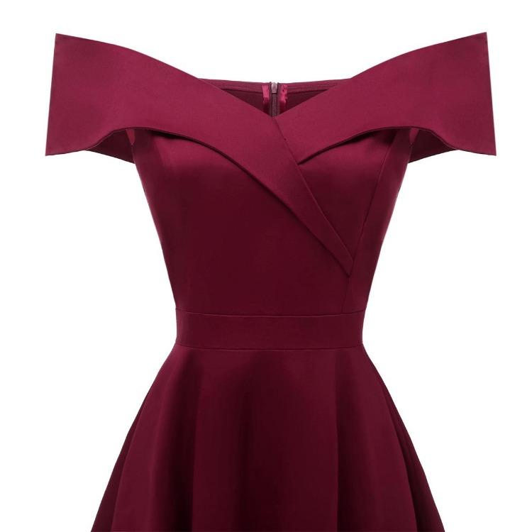 Vintage Off Shoulder Bardot Little Black Dress Women Sateen Skater Midi Prom Evening Party Cocktail Wedding Guest Classic Occasion Outfit