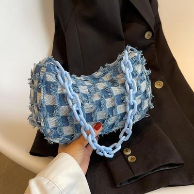 Women Large Capacity Vintage Denim Shoulder Bag Acrylic Chain Female Armpit Purses Work Tote Bag Trendy Bag for Daily Office Use