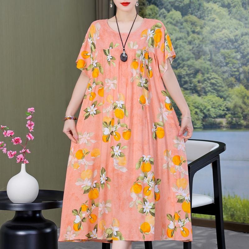 Plus Size Loose Vintage Print Langes Kleid für Damen Lässige Kurzarm-Sommer-Damenkleider