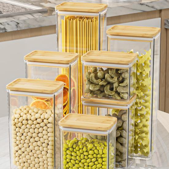 Sealed Grain Container Airtight Storage Container with Wooden Lid Transparent Food Canister for Dry Goods Snacks Tea Leaves Beans Kitchen Pantry